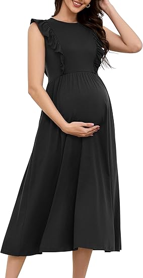 Casual Sleeveless Ruffled Midi Maternity Dress