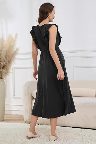 Casual Sleeveless Ruffled Midi Maternity Dress